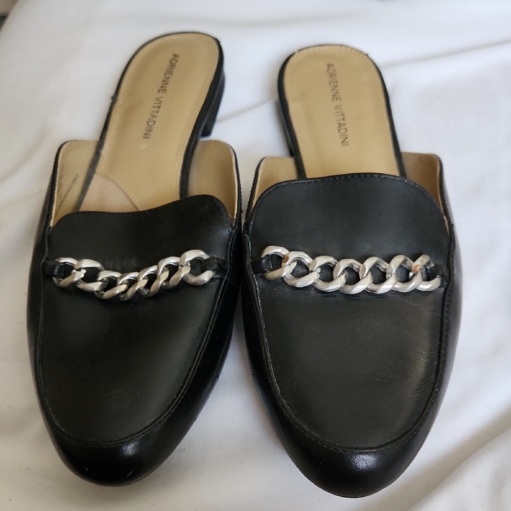Adrienne Vittadini Black Mules with Silver Chain